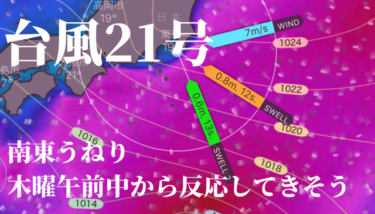 台風21号からの南東うねり、明日の午前中から千葉と湘南に反応してきそう【2019.10.23】
