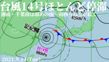 台風14号は北緯30度の東シナ海でほとんど停滞、弱めの南～南西うねりが続く【2021.9.14】