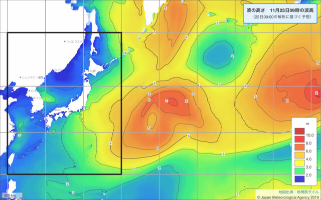 沿岸波浪予想図(FWJP)の房総半島沖は周期12秒の東うねり